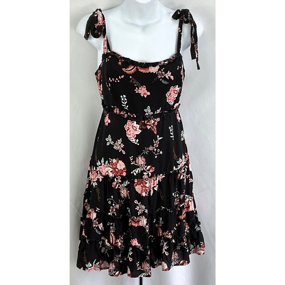 NWT Birch & Stone Sun Dress S Blk Floral Ruffles Strappy Cut Out Tie Bow Back